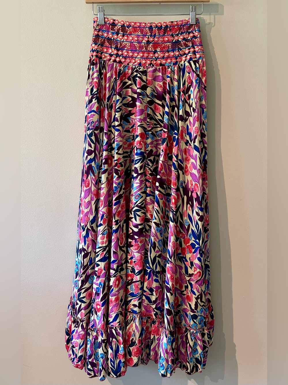 RAGA Anthropologie Floral Maxi Skirt with Elastic Smocked Waist - Pink Multi